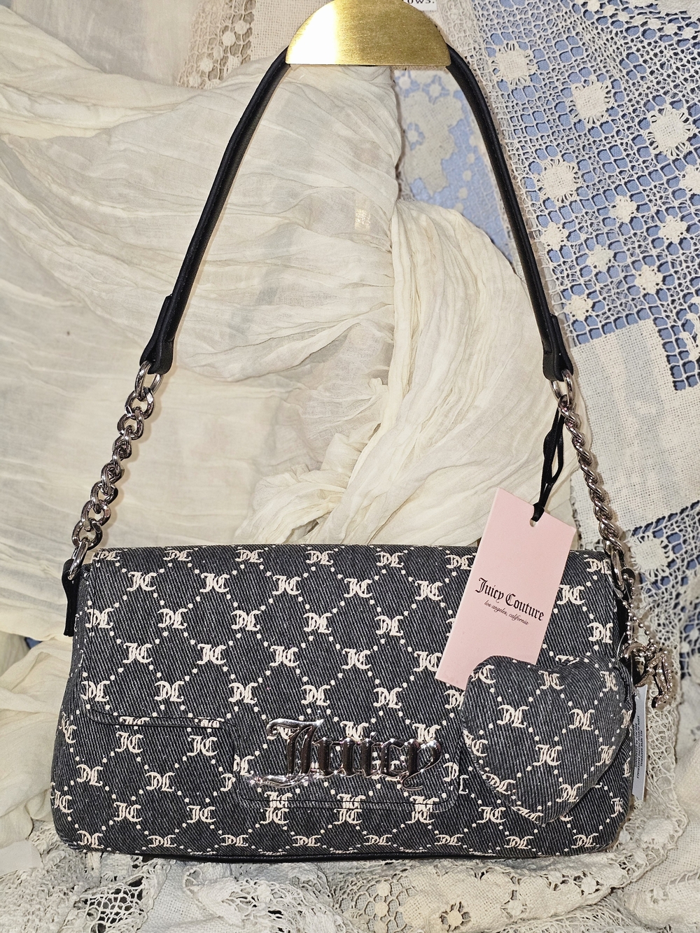 Juicy Couture Denim  Blue Monogram Chain-Accent Shoulder Bag